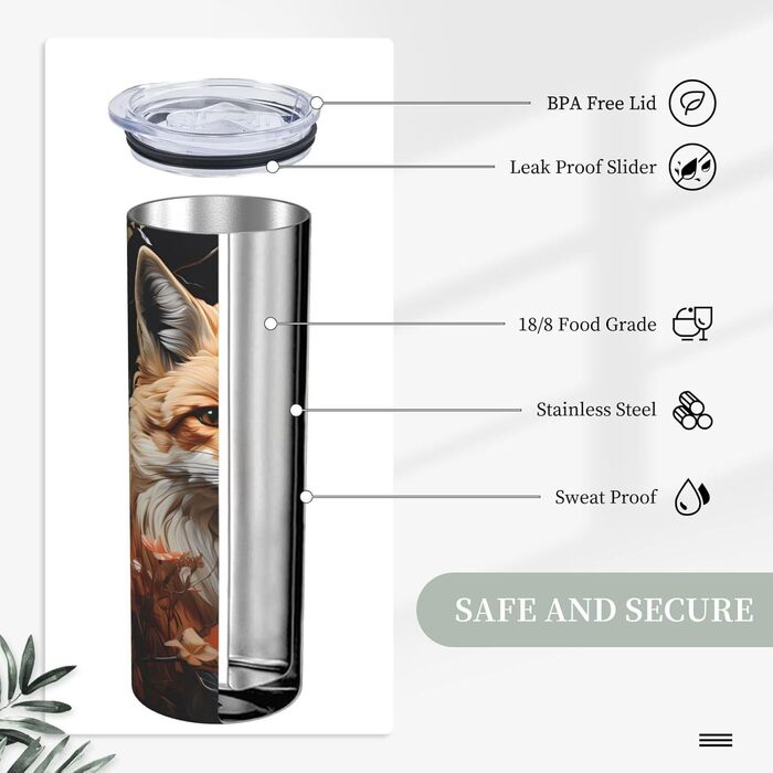 Кухоль з прямою трубочкою, принтом лисиці та квітів, дорожній кухоль, підходить для кемпінгу, офісу та дому, 590 мл