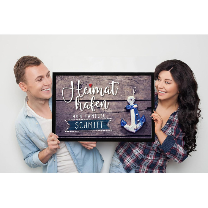 Персоналізований килимок для дверей &quotHome Port&quot з прізвищем, мотивом якоря, морським декором, нековзний та миється, чорний, 60x40 см, &quotHome Port&quot коричневий/чорний