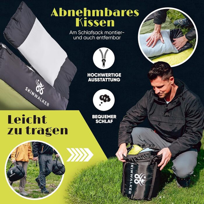 Спальний мішок SkinWalker Маленький розмір, висота до 1,70 м 3-4 сезони зі знімним флісом подушка від -18C до 15C Зимовий Літній ковдра, спальний мішок для кемпінгу, молодіжний, зелений