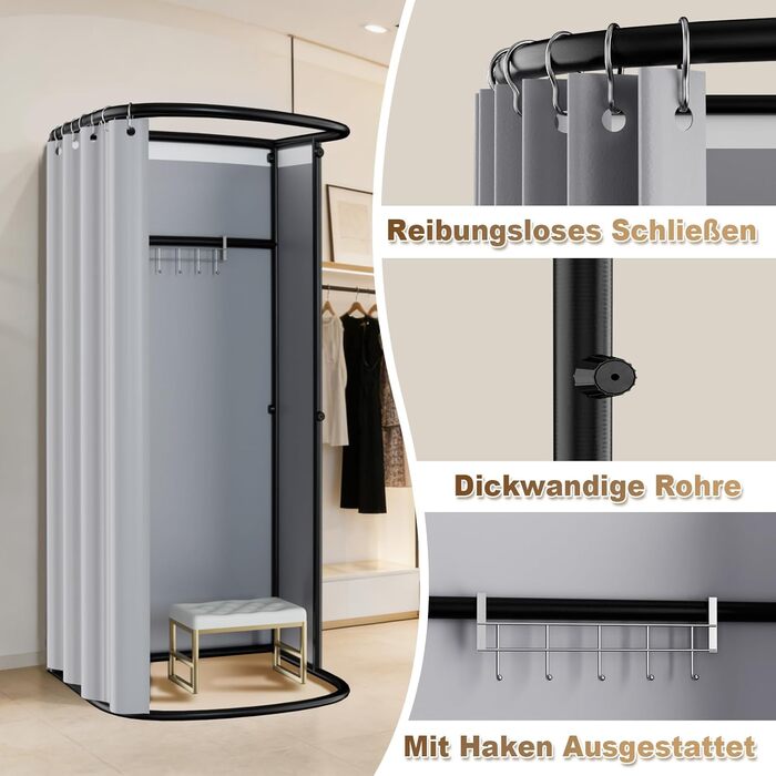 Окремостояча роздягальня, U-подібна, з рухомою рейкою, підлогова переносна ширма для затінення, залізний кронштейн для вушок для роздягальні, для офісу, торгового центру, сірий