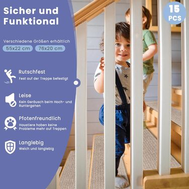 Килимки для сходів, самоклеючі килимки для внутрішніх сходів, 15 шт. , протиковзкі, ріжучі, багаторазові, для захисту домашніх тварин, людей похилого віку та дітей (бежевий, 76 см x 20 см) 76 см x 20 см бежевий