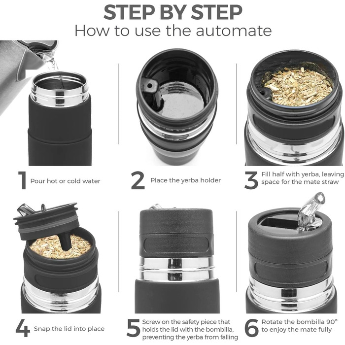 Новий - Автоматичний термос з нержавіючої сталі - Термос, чашка для мате та бомбілья в одному - Не потрібно наповнювати щоразу, коли хочеться випити (Чорний)