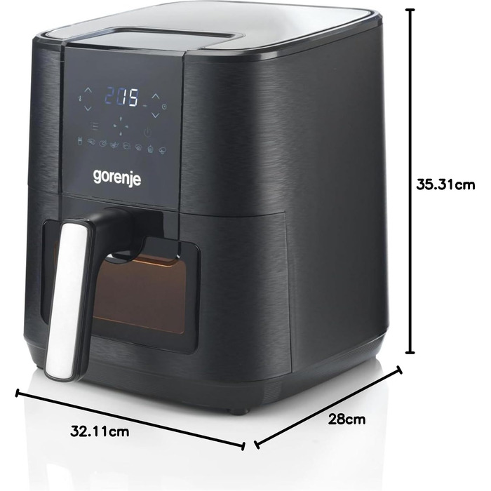 Аерофритюрниця Gorenje AF1350DWB, 1350 Вт, чаша 5,4 л з вікном, 8 автопрограм, антипригарне покриття, LED-дисплей, 28 35,3 32,1 см, чорна