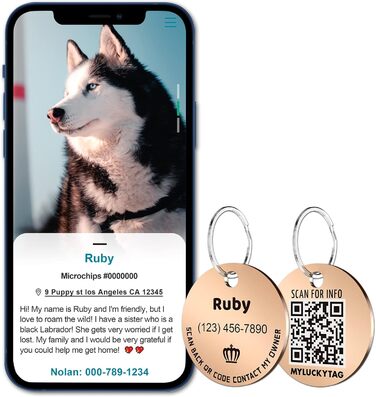 Персоналізовані ідентифікаційні жетони для домашніх тварин MYLUCKYTAG Жетони для собак - Жетони для ідентифікації QR-коду - Онлайн-профіль домашніх тварин - Надсилання сповіщень про місцезнаходження домашніх тварин електронною поштою після сканування