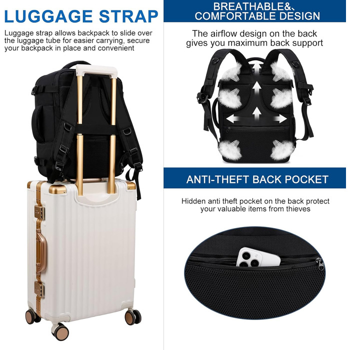 Рюкзак для ручної поклажі 40x30x20 см для Ryanair, 40x30x25 см для Eurowings, невеликий дорожній рюкзак об&39ємом 24 л, ручна поклажа, рюкзак для ноутбука для чоловіків та жінок, чорний. Black-b 40x30x20 см (24 л)