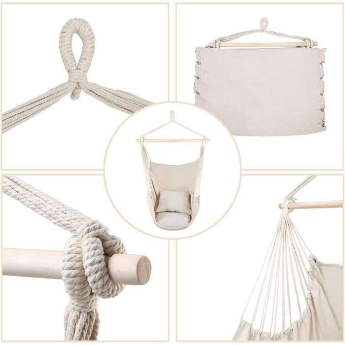 Підвісне крісло LEADZM для вулиці - бавовна з 2 подушками, вантажопідйомність 100 кг, підвісне крісло для саду, балкону, тераси - для використання в приміщенні та на вулиці - 80 x 126 см, бежевий