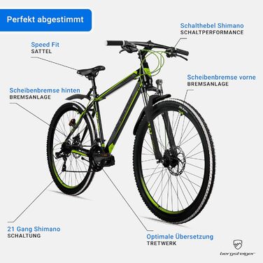 Гірський велосипед 29 дюймів, алюмінієва рама, дискові гальма, хардтейл MTB з ліхтарями та бризковиками, 21 швидкість, передня підвіска, підходить для велосипедистів зростом від 160 см, глянцево-зелений колір 29 дюймів, 26