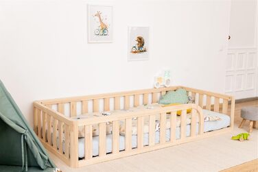 Ліжко Монтессорі, підлогове ліжко з рейковою основою, ліжко з захисними поручнями, дитяче ліжко, дерев&39яне ліжко з каркасом для хлопчиків та дівчаток, 160x90 см, натуральне дерево 160x90 см натуральне дерево - отвір для ліжка праворуч