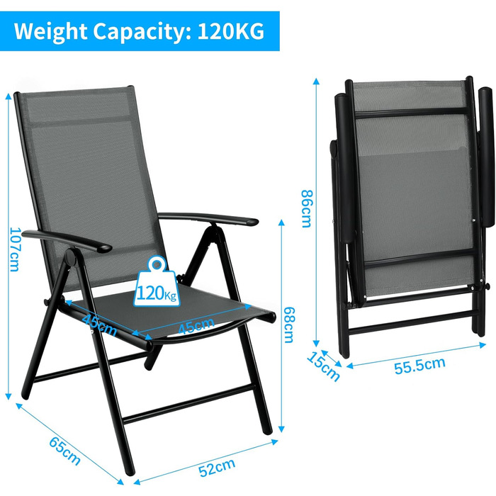 Садовий стілець LIFERUN з регулюванням високої спинки, набір з 2 садових стільців Teslin алюмінієвий складний, спинка з регулюванням в 7 напрямках, до 120 кг, балконний стілець Кемпінгові стільці обідній стілець для активного відпочинку