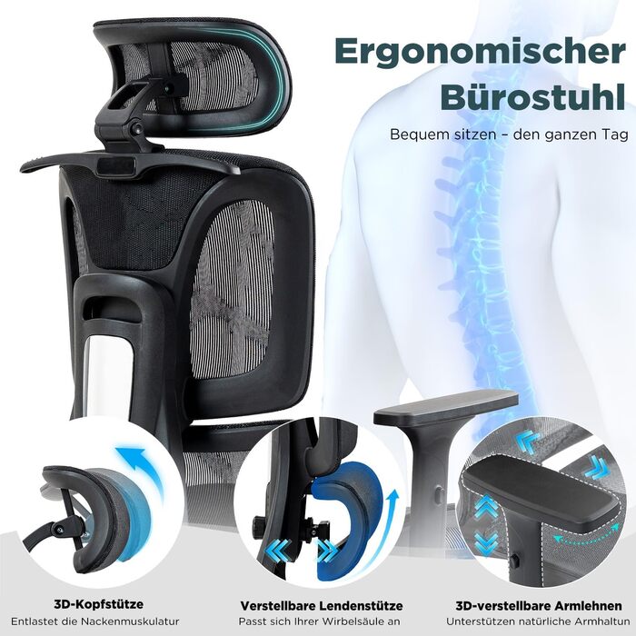 Ергономічне офісне крісло EROMMY з підставкою для ніг 3D-підголівник та регульовані підлокітники Регульоване по висоті робоче крісло з поперековою опорою Поворотне крісло з дихаючої сітки для домашнього офісу та ігор