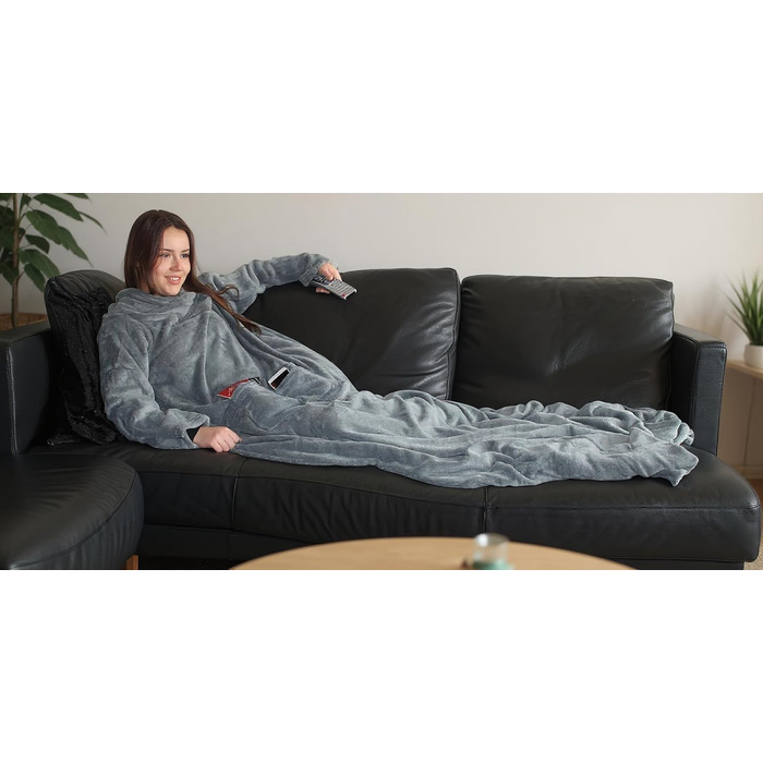 Пухнастий плед для телевізора Brandsseller з рукавами 170x200 см, з кашеміру - накидка на ніжки та 2 кишені - м&39який плед, покривало сірого кольору 170x200 см сірого кольору