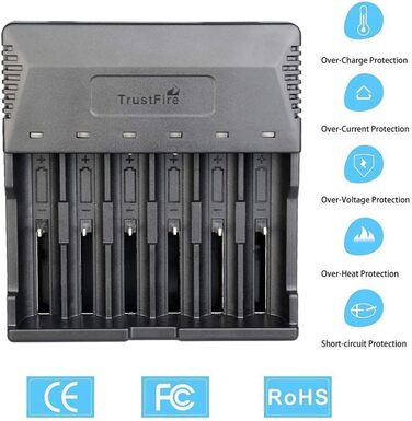 Універсальний зарядний пристрій TrustFire TR-012 - інтелектуальний зарядний пристрій з 6 зарядними відсіками для кількох акумуляторів, що перезаряджаються, літій-іонних акумуляторів 3.7V 18650 14500 18350 16340 10440