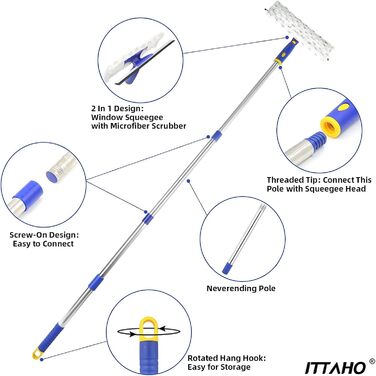 Склоочисник ITTHAO з телескопічною ручкою, мийник вікон 2 в 1 з кришкою з мікрофібри, що обертається на 180 для високих вікон, автомобільний лобовий склоочисник синій 2 в 1 мийник вікон