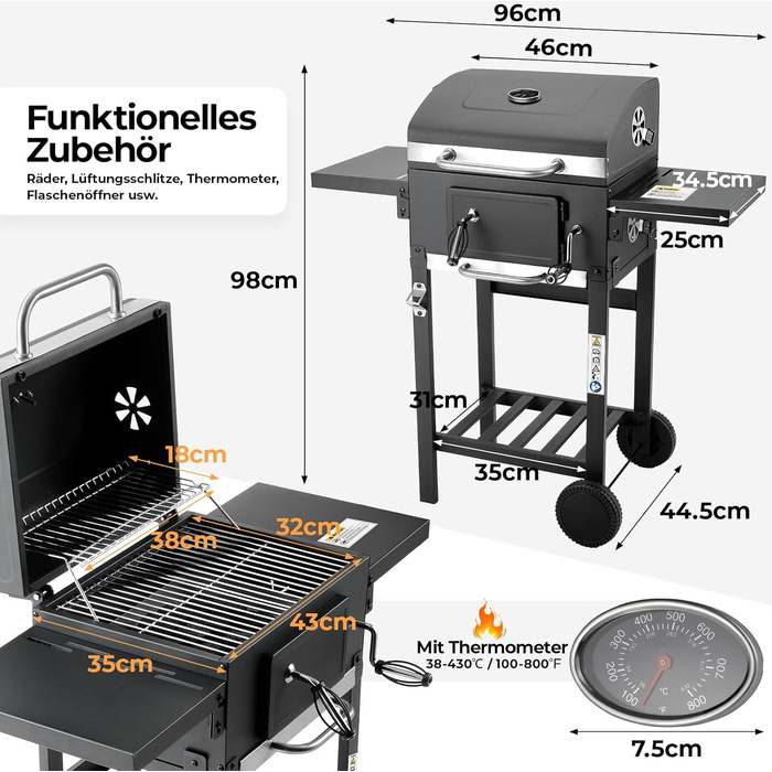 Вугільний гриль з кришкою та візком, BBQ коптильня, мобільний вугільний гриль на 2 колесах, з решіткою, термометром, компактний вугільний гриль-візок, регульований по висоті для кемпінгу та саду