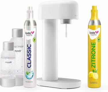 Економ пакет Mysoda Ruby - алюмінієвий виробник газованої води з пластиковою пляшкою об'ємом 1 л і 0,5 л без бісфенолу А, циліндр CO2 Classic циліндр CO2 Lemon (білий)