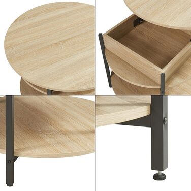 Круглий журнальний столик з підйомною стільницею, стіл для вітальні Kanda з місцем для зберігання, Ø70 x 49 см, невеликий столик з регульованою висотою та металевим каркасом, під дуб