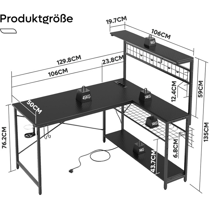 Геймерський стіл Bestier 130 см L-подібний, двосторонній кутовий стіл з розетками, світлодіодним підсвічуванням, 4 полицями, гачками та підставкою для чашок, ідеально підходить для домашнього офісу та ігор, 130 см з вуглецевого волокна, чорний