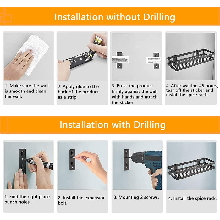 Настінна полиця для спецій, не потребує свердління, комплект з 2 шт. з кухонною штангою, підвісна кухонна полиця, полиця для спецій на дверцята шаф, полиця для душу з нержавіючої сталі для кухні, ванної кімнати, балкону, 35 x 12 x 5,7 см, чорна