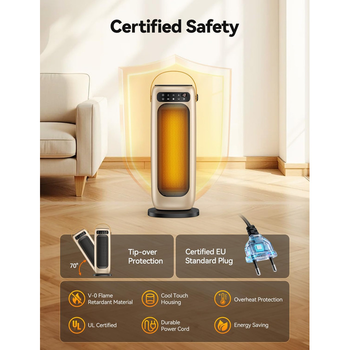 Енергозберігаючий електричний вентилятор-обігрівач, тихий та потужний 35 дБ, керамічний вентилятор-обігрівач PTC потужністю 1500 Вт з пультом дистанційного керування, 4 режими, коливання 110, таймер 1-10 годин, захист від перегріву та перекидання, невелик