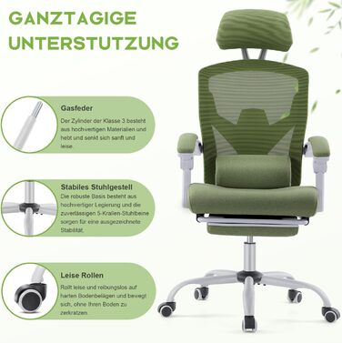 Ергономічне офісне крісло DUMOS - стілець зі зручними підлокітниками, оснащений зручною поперековою опорою та підставкою для ніг, підходить для дому та офісу (зелений)