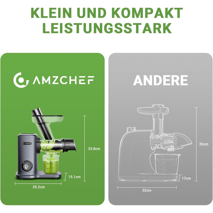 Соковижималка з великим заливним жолобом для цілих фруктів і овочів - Міцна соковижималка для замішування з нержавіючої сталі Green 150W