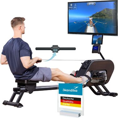 Гібридний гребний тренажер Skandika Nemo III Опір воді та магніту, 32 рівні електричного опору, 15 програм, до 200 см, сумісний із додатком, окремостоячий Водний гребний тренажер, домашнє фітнес-обладнання, дерев&39яний