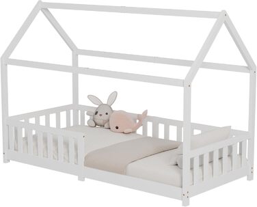 Дитяче ліжко ecomi 80x160 Ліжко на підлозі Дитяче ліжко-ліжко-будиночок із захистом від падіння та рейковою основою для дітей Дитячі ліжка для дівчаток та хлопчиків Масив сосни білого кольору 80x160 Білий