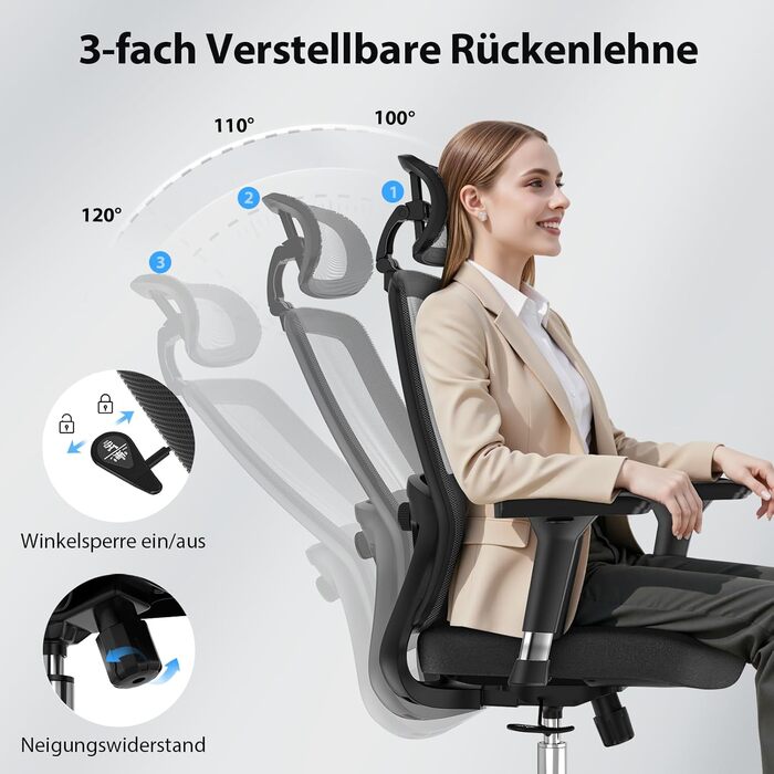 Ергономічне офісне крісло mfavour з гумовими колесами, 4D підлокітниками, регульованим підголівником та поперековою опорою, дихаюче сітчасте робоче крісло, металева основа, вантажопідйомність до 150 кг, чорний колір, 70 Г x 66 Ш x 134 В