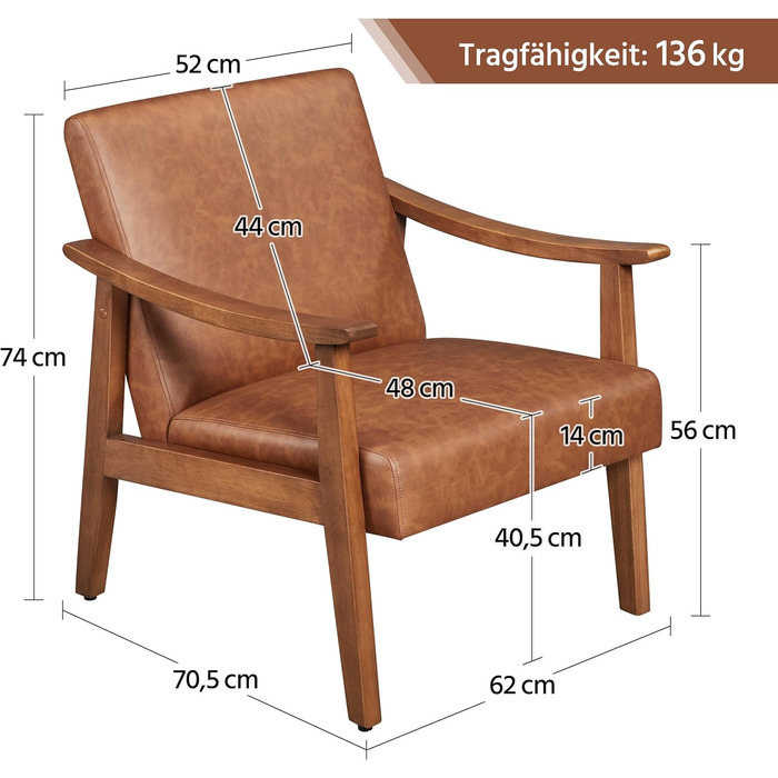 Крісло-реклайнер Yaheetech Retro, м&39яке крісло для телевізора, крісло для читання, одномісний диван, витримує до 136 кг, для вітальні/вітальні/домашнього кінотеатру/спальні, коричнева штучна шкіра