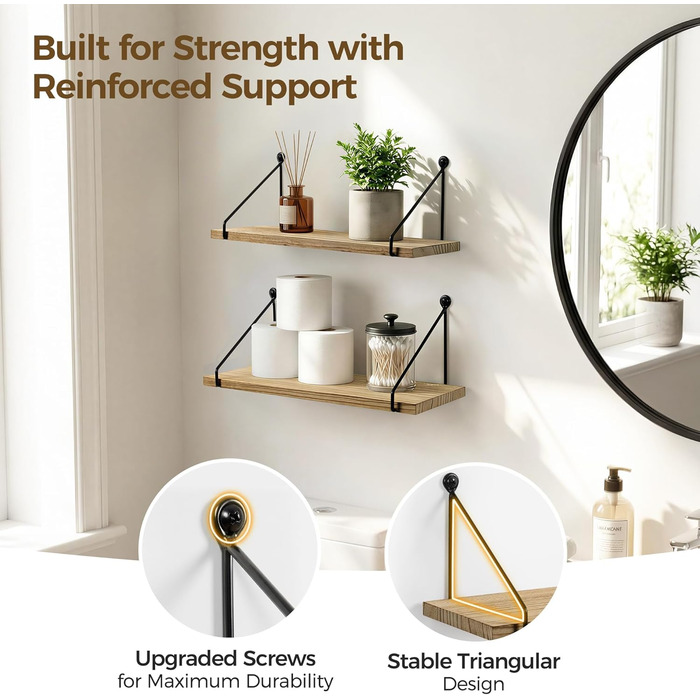 Настінна полиця Afuly, дерево, чорний метал, сільські полиці для стін, натуральний колір, ванна кімната, дитяча кімната, кухня, вітальня, комплект з 2 шт. , коричневий, 1,5 м завглибшки x 4,8 м завширшки