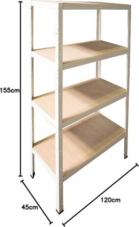 Надміцний домашній стелаж, білий/металевий стелаж з 4 полицями/металевий стелаж для підвалу, гаражний стелаж, стелаж для майстерні або стелаж для зберігання/змішаний металевий стелаж з вантажопідйомністю 175 кг В 155см / Ш 120см / Г 45см, 155x120x45