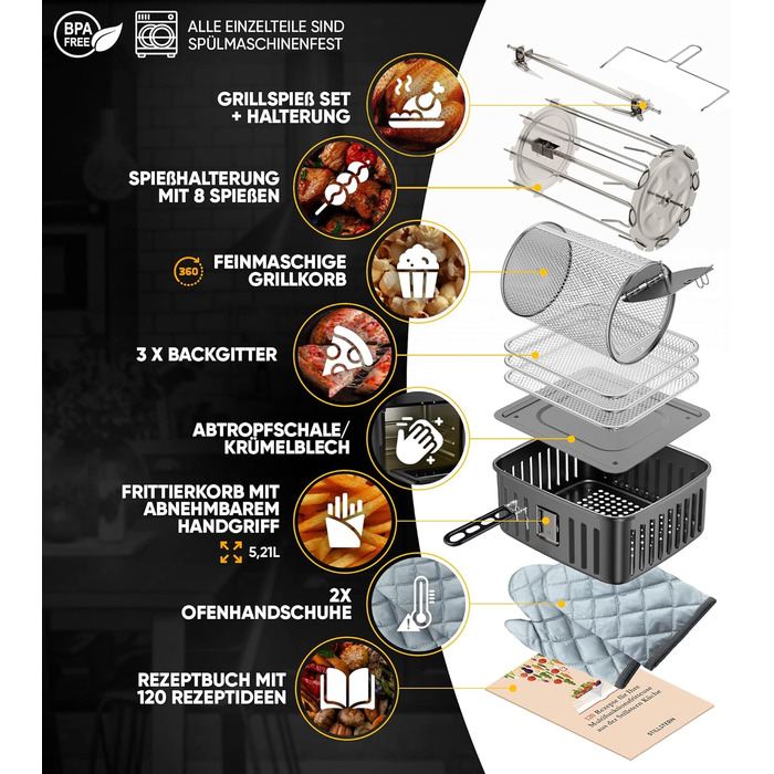 Фритюрниця Stillstern 12 л зі світлодіодним сенсорним екраном, книга рецептів XXL німецькою мовою, 12 програм, попереднє нагрівання та підтримання тепла, фритюрниця 1800 Вт Аерофритюрниця XXL без зневоднення олії Міні-духовка Кемпінговий гриль чорний