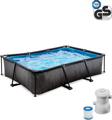 Басейн EXIT Toys Black Wood Pool - 300x200x65 см - Прямокутний, компактний каркасний басейн з картриджним фільтруючим насосом - Легкий доступ - Підходить для маленьких дітей - Міцний каркас - Унікальний дизайн - Чорний