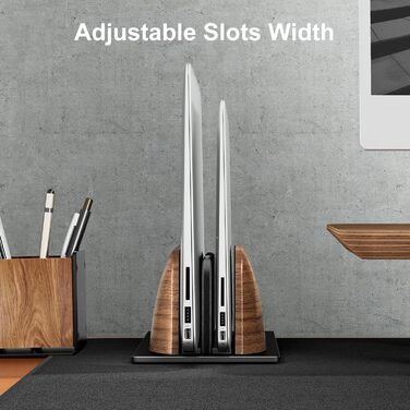 Вертикальна підставка для ноутбука з двома слотами, горіхове дерево. Регульована ширина, сумісна з MacBook та іншими ноутбуками.