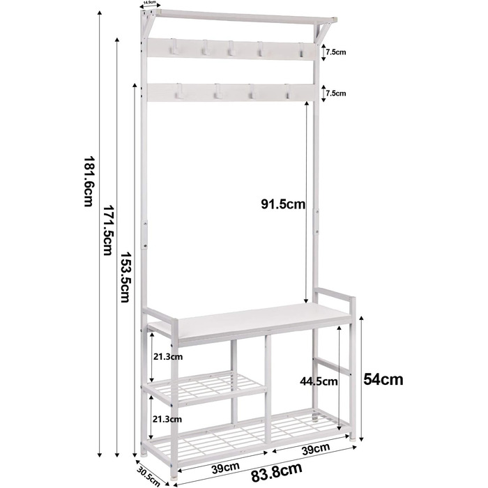 Вішалка для одягу Leader Accessories з лавкою, металева вішалка для одягу в рустикальному стилі, 182x30x84 см (ВxГxШ), біла