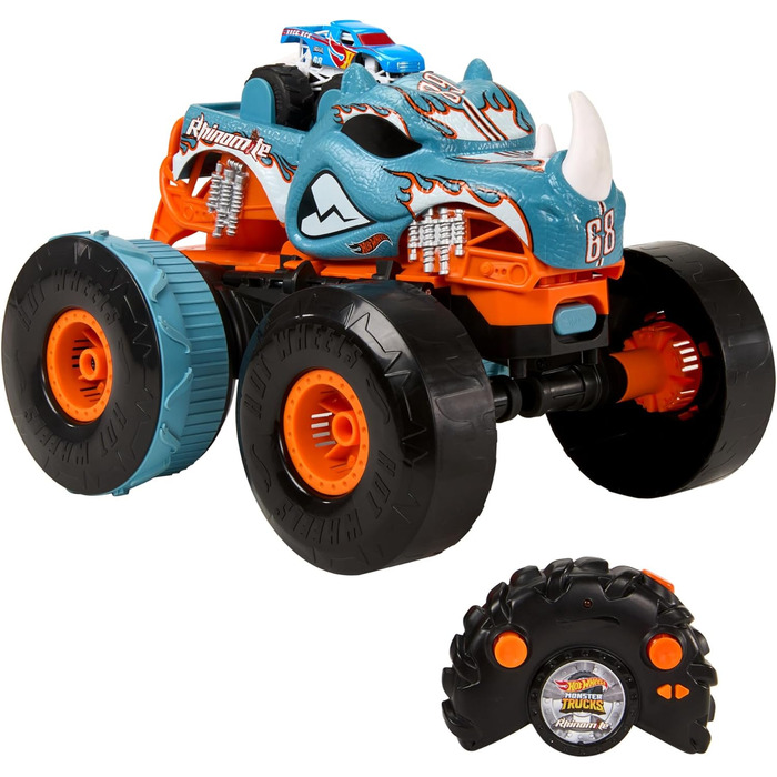 Машинка на дистанційному управлінні Hot Wheels Monster Trucks, кабріолет Rhinomite в масштабі 112 з іграшковою вантажівкою Race Ace в масштабі 164, можна перетворити на стартер, HPK27