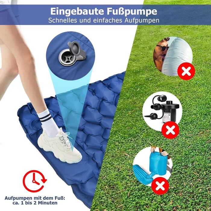 Килимок для сну, надувний матрац висотою 10 см для кемпінгу, невеликий розмір упаковки, надлегкий надувний килимок для сну з ножним насосом, водонепроникний килимок для сну для активного відпочинку, походів, пляжу, синій