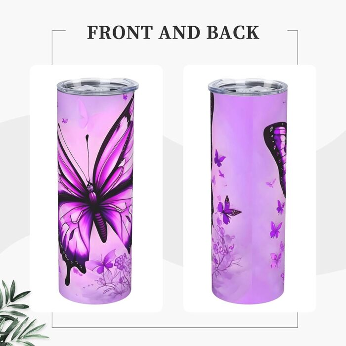 Кухоль з прямою трубочкою, 590 мл, принт фіолетового метелика, дорожній кухоль, підходить для кемпінгу, офісу та дому