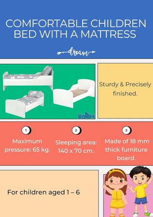 Функціональне ліжко Leomark з дерева - єдиноріг - дитяче ліжко з матрацом для дітей, дерев'яне ліжко з рейковою рамою з бічним зах