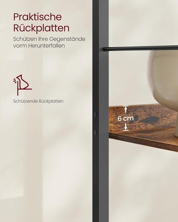 Рівнева книжкова полиця, полиця для зберігання, 30 x 60 x 178 см, із задніми панелями, для вітальні, кабінету, домашнього офісу, промисловий дизайн, вінтажний коричнево-чорний колір LLS118B01 6 рівнів (60 см), 6-