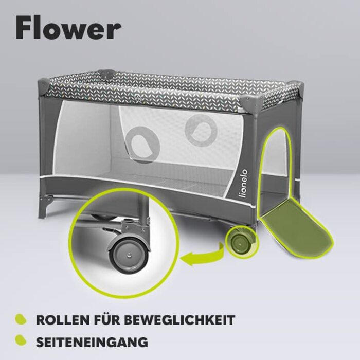 Дитяче ліжечко Lionelo Flower 4-в-1 з боковим входом, пеленальний столик, два рівні висоти підвіски матраца, арка для іграшок з фігурками, колеса, сумка для перенесення, сірий колір