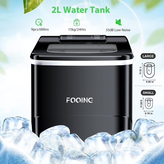 Машина для виробництва кубиків льоду FOOING Льодогенератор Кубик льоду готовий за 6 хвилин 2-літровий льодогенератор з лопатою для льоду та кошиком Світлодіодний дисплей Машини для кубиків льоду для домашнього бару Black