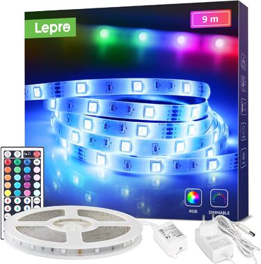 Світлодіодна стрічка Lepro RGB самоклеюча 5050 SMD, світлодіодна стрічка 24 В постійного струму, світлодіодна стрічка IP20, світлодіодна стрічка з регулюванням яскравості з блоком живлення Контролер дистанційного керування для дому, вечірки, кухні (9M)