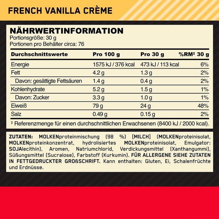 Протеїновий порошок Optimum Nutrition Gold Standard 100, смак французького ванільного крему, 2,28 кг, 76 порцій