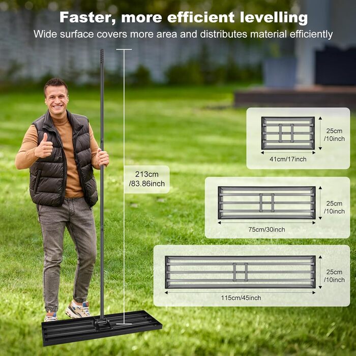 Гребінь-рівняльник для газону 75x25 см з регульованою ручкою (213 см) та антиковзким покриттям, міцний інструмент для вирівнювання газону. Ідеально підходить для саду та подвір'я, чорний колір.
