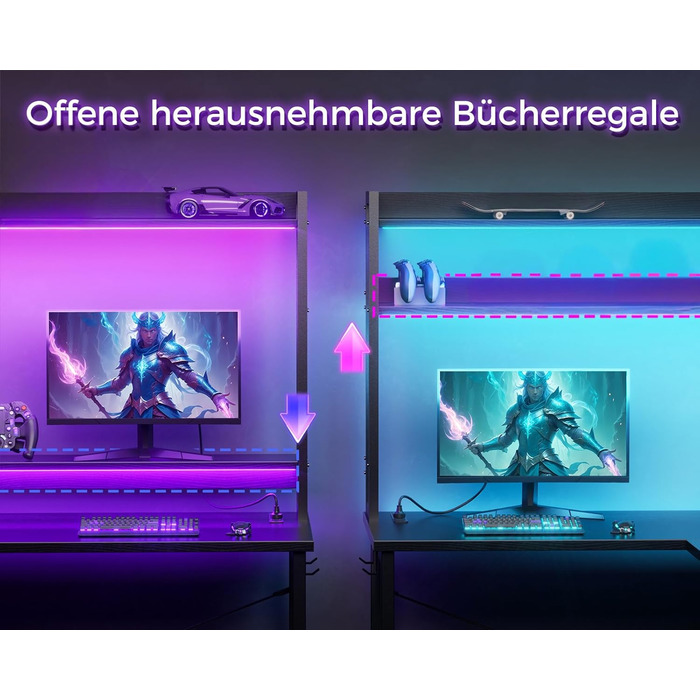 Ігровий стіл ODK зі світлодіодним підсвічуванням, 150120 см, двосторонній L-подібний стіл з 2 розетками та 2 портами зарядки USB, кутовий стіл чорного кольору з підставкою та полицею для зберігання, чорний 150120 см