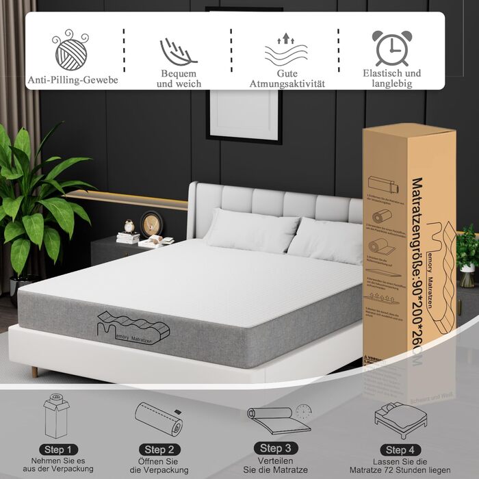 Матрац 180x200 см, матрац з холодної піни, висота 26 см та рівень жорсткості H3, комфорт у 7 зонах тіла, двоспальний матрац для спальні вдома (180x200x26 см) 26 см 180x200