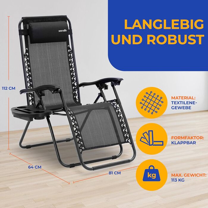 Комплект із 2 шезлонгів SereneLife, чорний складні шезлонги для відпочинку з невагомістю, водонепроникні та складні, ідеально підходять для саду, балкону та кемпінгу