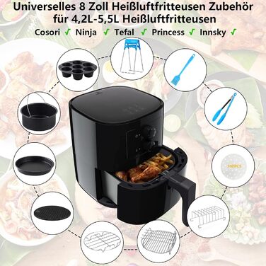 Аксесуари для фритюрниці YINGRACE 8 дюймів, набір аксесуарів 12 шт. для фритюрниці для Ninja 5.2 л, Tefal EY4018/EY401D 4.2 л, посуд 4.5 л, фритюрниця COSORI 4.7 л, без бісфенолу А, антипригарне покриття