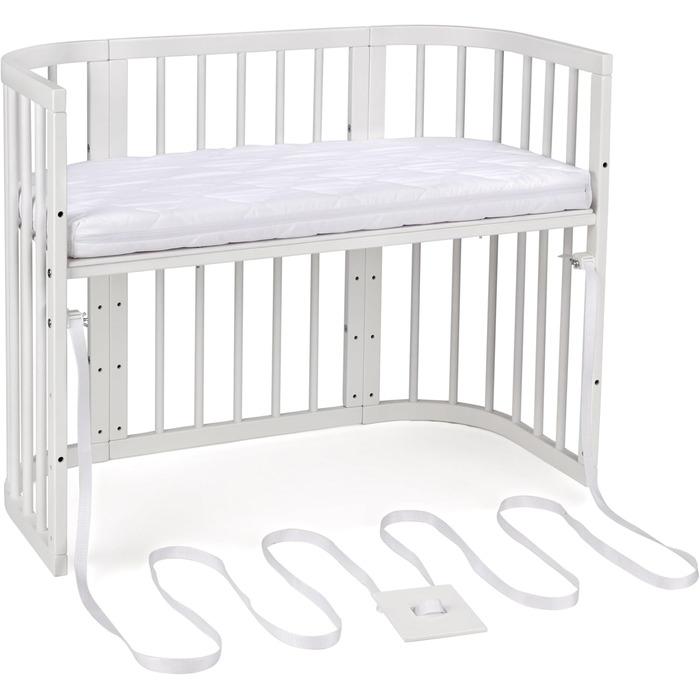 Дитяче ліжко Waldin 5-в-1, дерев&39яне приліжкове ліжечко, матрац, вентильоване, регульована основа у 5 положеннях, біле дерево (комплект тканини не входить до комплекту)